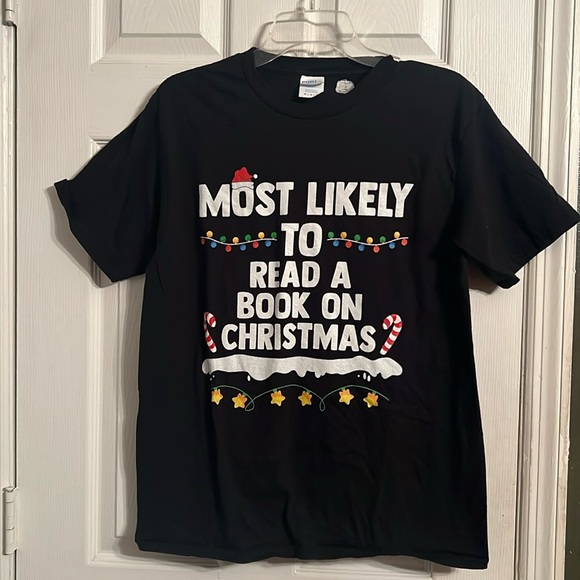 Port and Company Tops - Most Likely to read a book on Christmas T Shirt - size M. Wore once